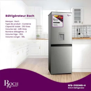 Frigo ROCH Combiné RFR-310DWB-H – 310L – 4 Tiroirs avec Fontaine